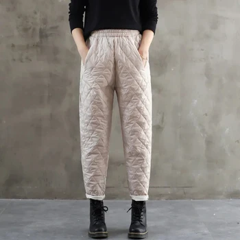 2021 Kadın Kış sıcak Aşağı pamuklu pantolonlar Yastıklı Kapitone Elastik Bel Pantolon Açık Rahat Artı Boyutu Geniş Bacak Sweatpants