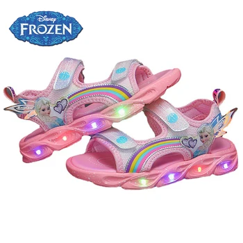 2022 Yaz Yeni Disney Çocuklar Kızlar İçin LED Karikatür Sandalet Moda Dondurulmuş Elsa Prenses Ayakkabı çocuk İşıklı kaymaz Sandalet