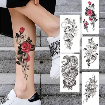3D Yılan Gül Geçici Dövmeler Kadınlar Kızlar İçin Sahte Çiçek Dövme Etiket Siyah Ölüm Yiyenler Koyu İşareti Mamba Yılan Şakayık Dövmeler