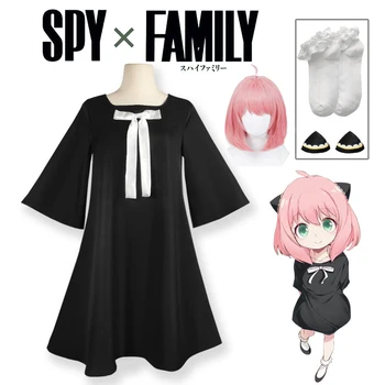 Anime Casus X Aile Anya Forger Cosplay Kostüm Siyah elbise Beyaz Şerit Pembe Peruk Şapkalar Kawaii Kız Çorap Kadın Parti Kıyafeti