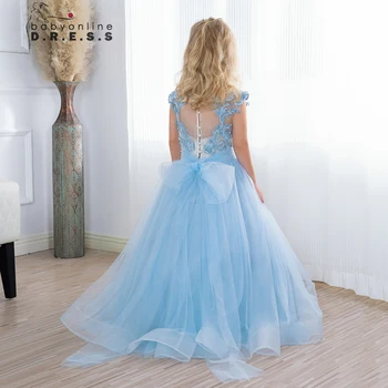 BABYONLİNE Açık Mavi Peri Çiçek Kız Elbise Dantel Appqulies Düğün Konuk Nedime Bir Çizgi Prenses Elbisesi Etek Tül