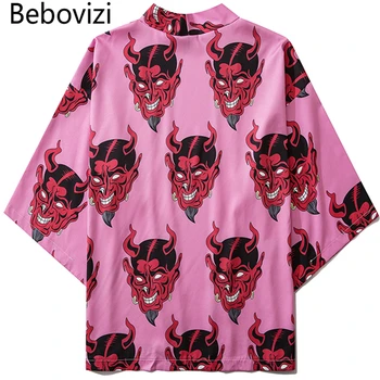 Bebovizi Japon Şeytan Baskı Kadın Harajuku Hırka Kimono Yaz Gevşek Gömlek Tops Casual Erkek Kimono Ceket Yukata Elbise