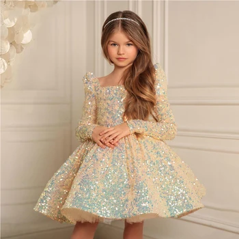 Bir Çizgi Altın Payetli Çiçek Kız Elbise Elbiseler Kız Parti Töreni Balo Abiye Yeni Geldi Toddler Parti Elbise Tam Kollu 2022