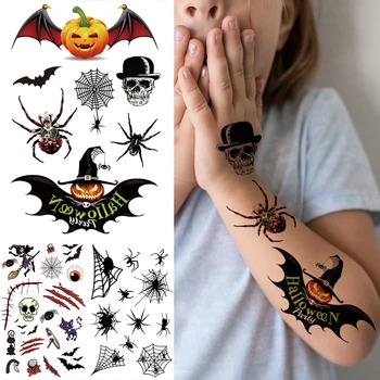 Cadılar bayramı Kabak Örümcek Geçici Dövmeler Çocuklar Kadınlar İçin Gerçekçi Kafatası Göz Sahte Dövme Etiket Tatil Dövmeler Macun Çıkartmaları