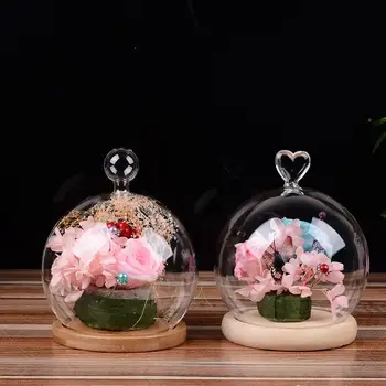 Cam Küre Ekran kubbe kapağı Cloche Çan Kavanoz Kuru Çiçek Vazo Ahşap Taban ile Ekran Ahşap Mantar Üsleri Ölümsüz Çiçek Gül
