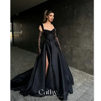 Cathy Gotik A-line Balo Elbise Zarif İpek Saten Gece elbisesi Süpürme Kuyruk فستان سهرة Tatlı Spagetti Kayışı Parti Elbiseler