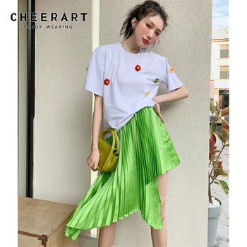 CHEERART Neon Yeşil Yüksek Belli Asimetrik Pilili Yaz Etek Kadın Yüksek Moda Tasarımcısı Diz Boyu Düzensiz Etek 2021