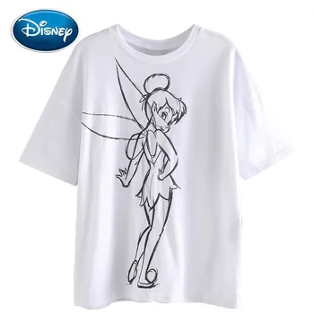 Disney Periler Sevimli PERİLER Karikatür Peter Pan Kroki Baskı Tatlı Kadın T-Shirt O-Boyun Kazak Kısa Kollu Gevşek beyaz tişört Tops