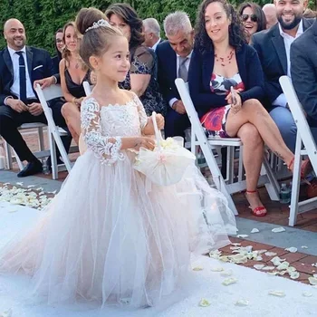 Düğün Çiçek Kız Elbise Çocuk Elbisesi Aplike Sweep Tren 2022 Scoop Tam Kollu Yeni Çocuk düğün elbisesi Vestidos De Niña De La