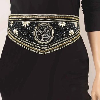 El yapımı Kemer Kadınlar için Boho Etnik Çiçek Siyah Reçine Boncuk PU Deri Büyük Geniş Göbek Bel elbise kemeri Parti göbek takısı