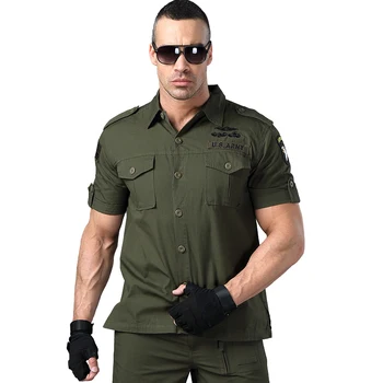 Erkekler Haki Gömlek Kısa Kollu Askeri Gömlek Erkek Bluz Pilot Kamuflaj Çift Cep Gevşek Ordu Yeşil 2022 Yeni Model Erkek Gömlek