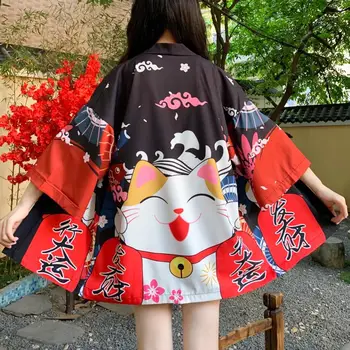 Gevşek Plaj Hırka Asya Moda Kırmızı Siyah Şanslı Kedi Kadın Harajuku Japon Kimono Cosplay Tarzı Üstleri Bluz Yukata Giyim