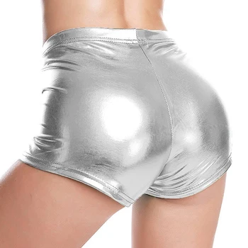 Gümüş Metalik Şort Rave Ganimet Şort Yaz Orta Bel Şort Seksi Pürüzsüz Suni Deri Şort Parti Gösterisi Kostüm Clubwear