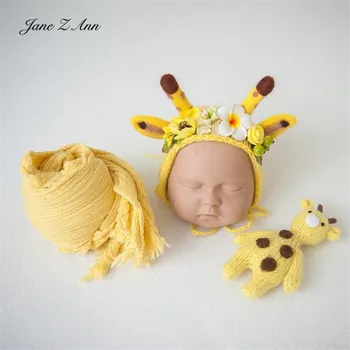 Jane Z Ann Yenidoğan bebek fotoğraf sahne bebek Zürafa Tema El Yapımı Dikiş Şapka Bebek Wrap stüdyo çekim aksesuarları