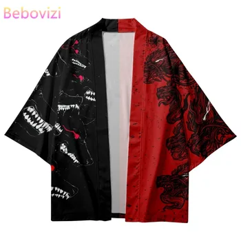 Japon Geleneksel Ejderha Baskı Renk Eşleştirme Kimono Erkekler Kadınlar Yukata Hırka Kırmızı Siyah Cosplay Haori Samurai Giyim