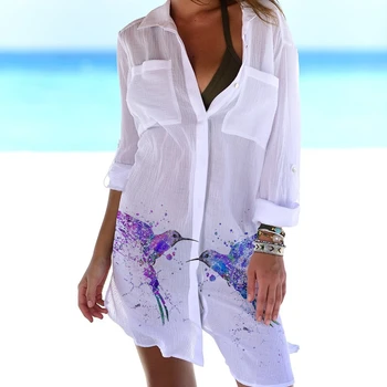 Kadın Güneş Koruma Buruşuk Kumaş Cep Gizli Düğme Plaj Bluz Bikini Ceket Kadın Bohemian Gömlek Mayo Hırka