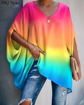 Kadın Moda Degrade Renk Batik Baskı Bluz V Yaka Batwing Kollu Gevşek Fit Casual Tops