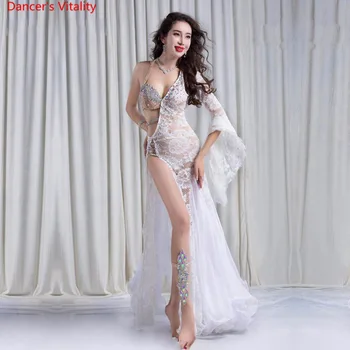 Kadın Sahne Giyim Performans Oryantal Dans Elbise 3 adet(Sutyen+Elbise+Külot) taşlar Dantel uzun elbise Rekabet Takım Elbise Beyaz