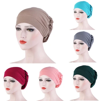 Kadın Türban Başkanı Wrap Şapka İle Düğme Başörtüsü Kaput İç Başörtüsü Kap Düz Renk Müslüman Başörtüsü Kemo Şapka Kadın Turbantes Kap