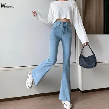 Klasik Katı Denim Çan Alt Pantolon Vintage Çapak İki Düğme Denim Pantolon Kadın Yüksek Bel İnce Alevlendi Kot Kadınlar İçin