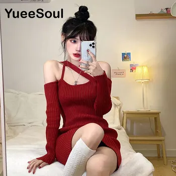 Kırmızı Kadın Kazak Elbise 2022 Yeni Spagetti Kayışı Kapalı Omuz Uzun Kollu Bel Seksi Mini Elbise Y2K Sevimli Vintage Örme Elbiseler
