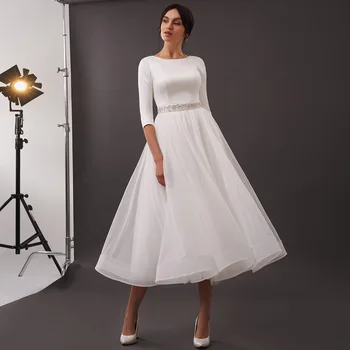 Kısa düğün elbisesi 2022 O Boyun 3/4 Kollu Bir Çizgi Midi gelinlik Beyaz Tül Çay Boyu Boncuklu Kemer Basit gelin elbiseleri