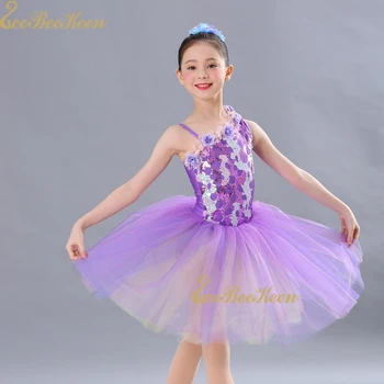 Kız Tutu Bale Elbise Profesyonel bale kostümü Kadınlar Sling Mor Sequins Çapraz Omuz Çiçek Dans Elbise Çocuklar İçin