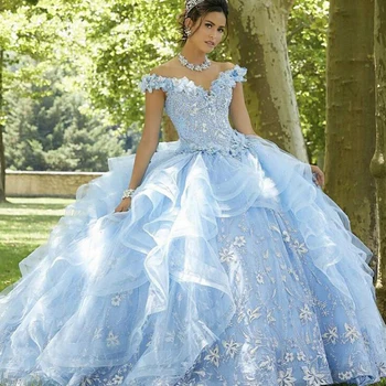 LSYX Açık Mavi Tatlı 16 Quinceanera Elbise 2022 Kapalı Omuz Aplikler Sequins Çiçekler Prenses Parti Kıyafeti Vestidos De 15 Años