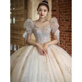 Lüks düğün elbisesi 2022 Yeni Kısa Kollu İşlemeli Tül Balo gelinlikler Parlak Prenses
