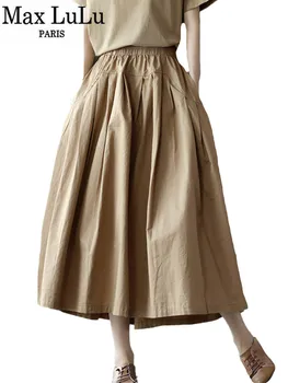 Max LuLu Japonya Tarzı Yaz Streetwear Moda Kadın Haki A-Line Etekler Bayanlar Elastik Rahat Uzun Etek Kızlar Vintage Elbise