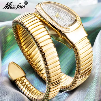 Moda Markaları MISSFOX Lüks Altın Yılan Kadın İzle Tam Çelik Kuvars Kol Saatleri Hip Hop Elmas Takı Bilezik Bayan Saatleri