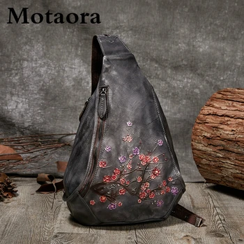 MOTAORA kadın Bağbozumu Sırt Çantası Hakiki Deri Çanta Bayanlar Retro Çiçek Göğüs Çanta El Yapımı Kabartmalı postacı çantası İçin Kadın