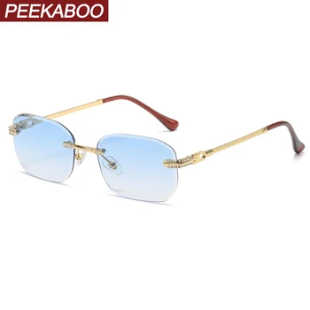 Peekaboo pembe mavi retro çerçevesiz güneş gözlüğü uv400 kadın metal altın kadın kare güneş gözlüğü vintage erkek sekizgen rhinestones