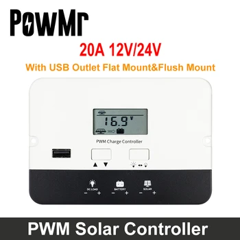 PowMr 20A PWM Solar şarj regülatörü Otomatik 12/24V Gömme Montaj güneş paneli bataryası Akıllı Regülatörü lcd ekran Ve USB Bağlantı Noktası