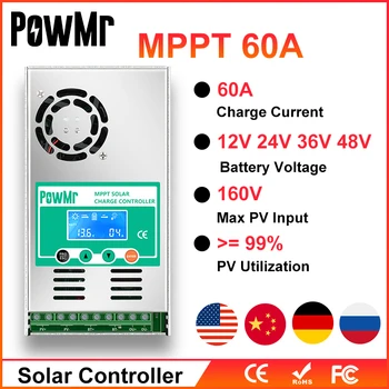 PowMr MPPT Solar şarj regülatörü 60A lcd ekran 12V 24V 36V 48 Otomatik güneş paneli bataryası Şarj Regülatörü Max 190VDC Giriş