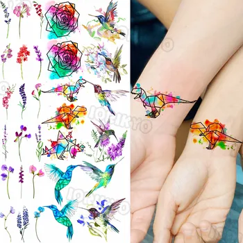 Renkli Dinozor Geçici Dövmeler Çocuklar Kızlar İçin Gül Çiçek Lavanta Hummingbird Sahte Dövme Etiket Önkol Boyun Dövmeler Gösterisi