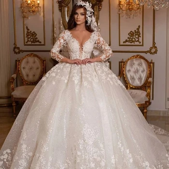 Retro 2023 Dantel Gelinlik Prenses Balo Boncuk gelinlikler Parlak Uzun Kollu Fildişi Dubai Glitter Vestido De Novia