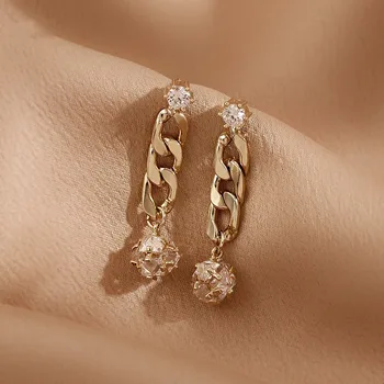 SEVGİLİ HAYAT Fransız premium altın zincir küpe uzun elmas top küpeler kadın ışık lüks küpe takı Yeni Yıl hediye