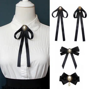 Siyah Şerit papyon Kadınlar için Moda Kristal Gömlek Bluz İlmek Okul Öğrenci Gömlek İş Giyim Aksesuarları El Yapımı
