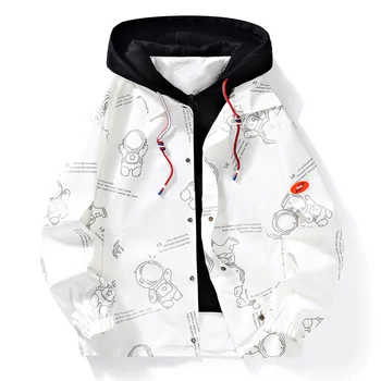 Sonbahar Kış Yeni Kapşonlu Beyzbol Ceket Moda Kaliteli Rüzgar Geçirmez Giyim Trendi Astronot Baskı Erkek Giyim Rahat Tüm Maç