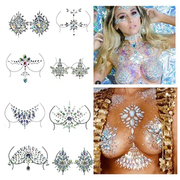 Sıcak Seksi Göğüs Mücevherleri Geçici Dövme Etiket 3D Sahne Taklidi Flaş Dövmeler Yapışkanlı Yüz Mücevher Göğüs Mücevher Vücut Boyası