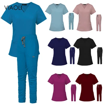 Toptan Scrubs Seti Kadınlar için Moda Fırçalama Takım hastane üniforması Seti Düz Renk Hastane Cerrahi Önlük Cep V Yaka İş Giysisi