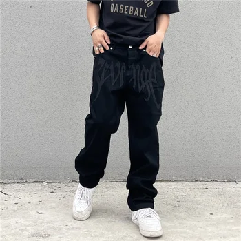 Y2K Emo erkek Moda Siyah Streetwear İşlemeli Low Rise günlük kot Pantolon Düz Hip Hop Alt Kot Pantolon Erkek Giysileri