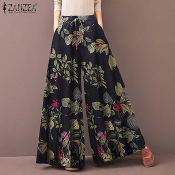 ZANZEA Kadınlar Geniş Bacak Pantolon Bahar Yüksek Bel Vintage Çiçekli Baskılı Rahat Gevşek Uzun Pantalon Palazzo S-