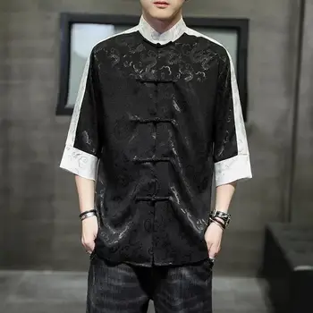 Çin Geleneksel Retro Ceket Artı Boyutu Kısa Kollu Gömlek Siyah Baskı Ejderha Tang Takım Elbise Mandarin Yaka Ceket Oryantal Gömlek