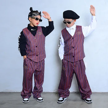 Çocuk Caz Modern Dans Kostümleri Erkek Kız Çizgili Yelek Takım Elbise Çocuk Sokak Dans Kıyafetleri Performans Rave Giyim DQS8450