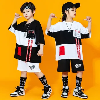 Çocuk Kpop Hip Hop giyim askısı Büyük Boy T Shirt Tee Üst Yaz Şort Kız Erkek Caz dans kostümü Dans Giyim Seti